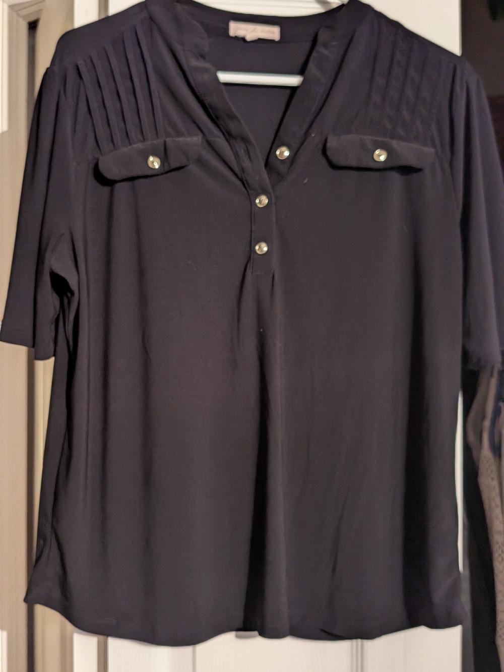 Women's Black Button-Front Pleated Shoulder Blouse